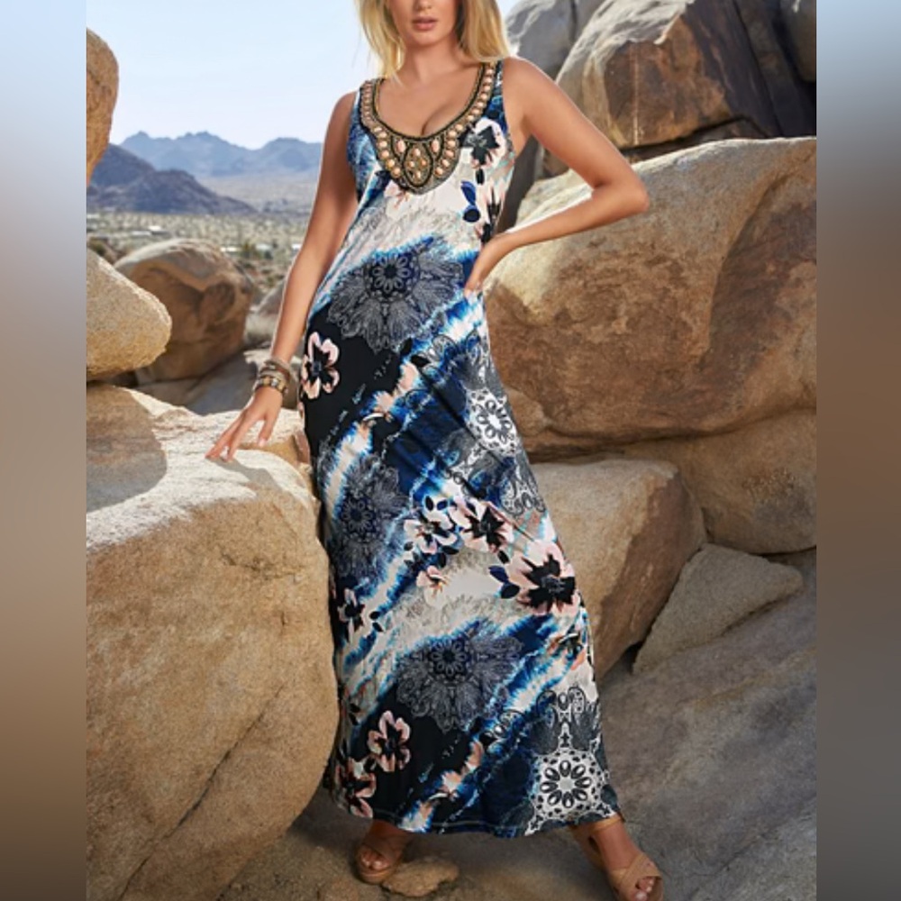 Boston Proper Tropical Floral Beaded Chest, Maxi Dress, Sleeveless- size XS
